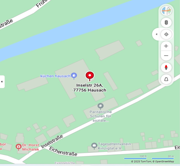 Kartenausschnitt aus Google Maps mit der Adresse Inselstr. 26A in 77756 Haussach